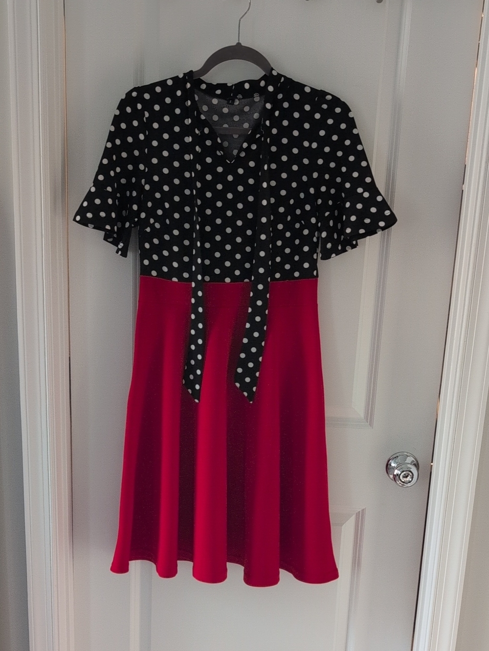 Polka Dot Tie-Neck Dress in Black & Red